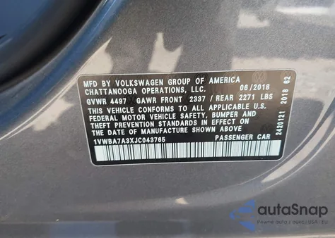 2018 Volkswagen Passat 2.0T Se from USA, damaged, VIN 1VWBA7A3XJC043765